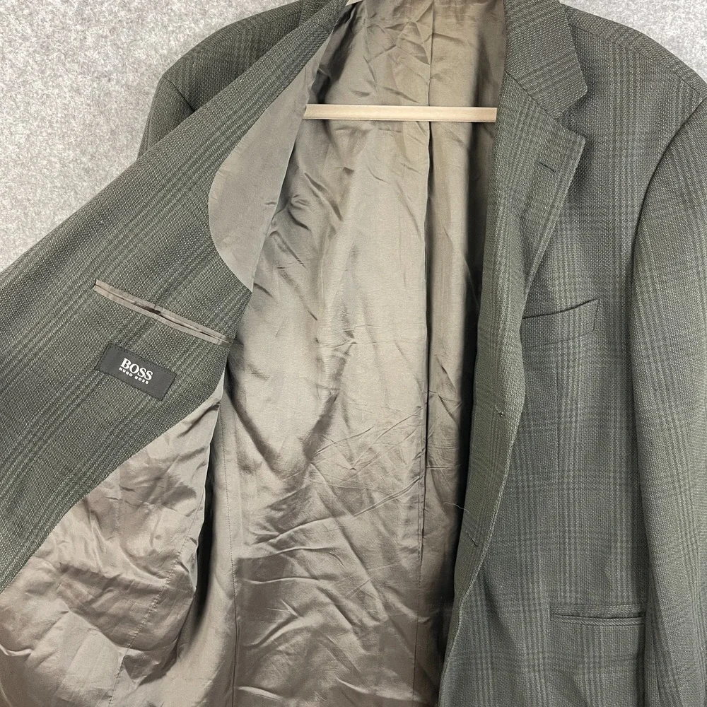 VTG Hugo Boss Blazer Sport Coat Mens 46R Gray Windowpane 3 Button Germany FLAWS